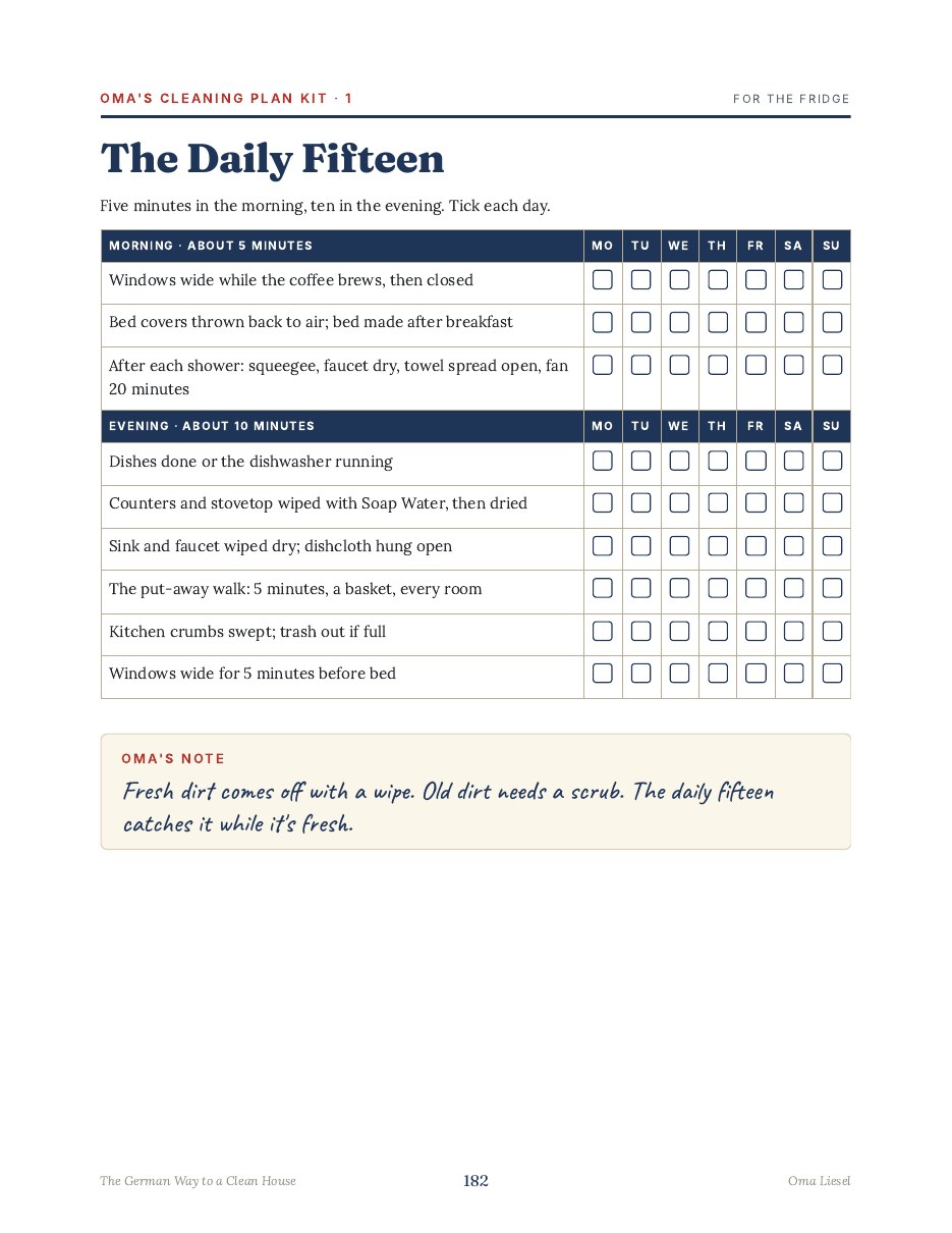 The daily fifteen printable from Oma's Cleaning Plan Kit